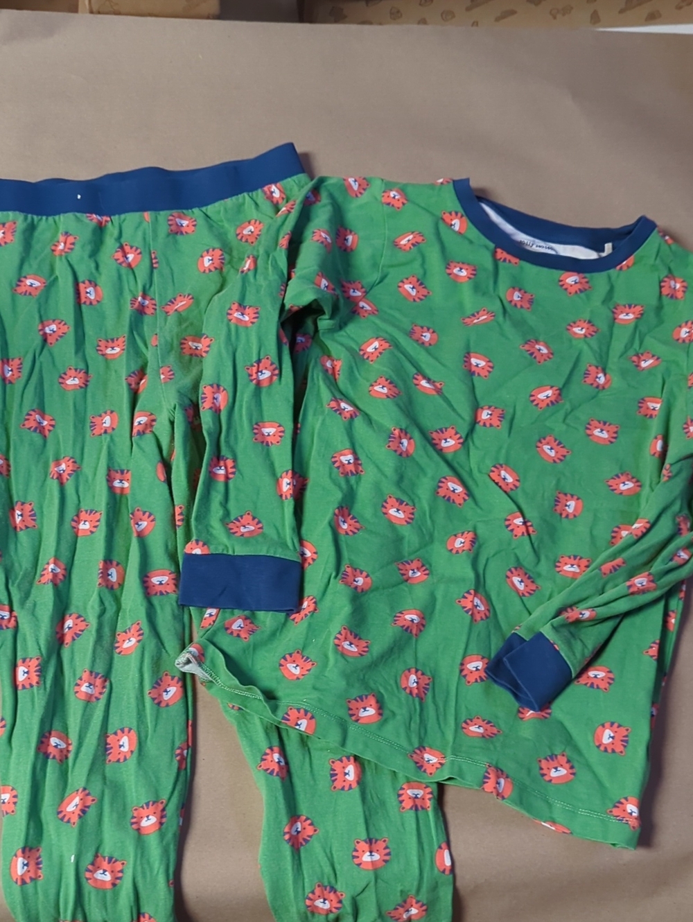 Kids Organic Cotton Green Lion-Print Pajama Set with Navy Trim - 11 Years